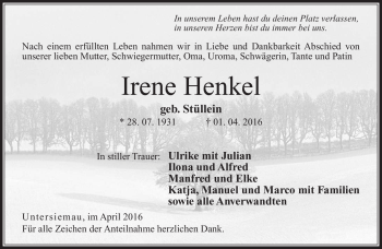 Traueranzeige von Irene Henkel von Neue Presse Coburg