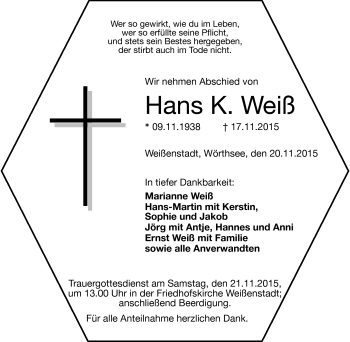Traueranzeige von Hans K. Weiß von Frankenpost