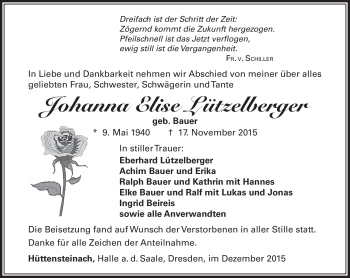Traueranzeige von Johanna Lützelberger von Südthüringer Presse