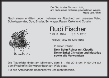 Traueranzeige von Rudi Fischer von Frankenpost