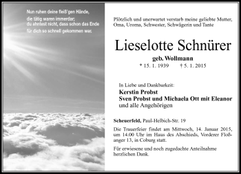 Traueranzeige von Lieselotte Schnürer von Neue Presse Coburg