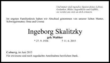 Traueranzeige von Ingeborg Skalitzky von Neue Presse Coburg