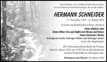 Traueranzeige von Hermann Schneider von Südthüringer Presse