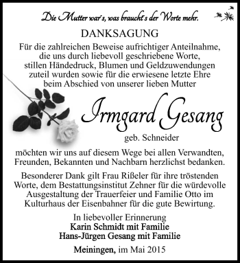 Traueranzeige von Irmgard Gesang von Südthüringer Presse