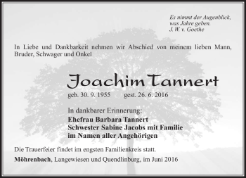 Traueranzeige von Joachim Tannert von Südthüringer Presse