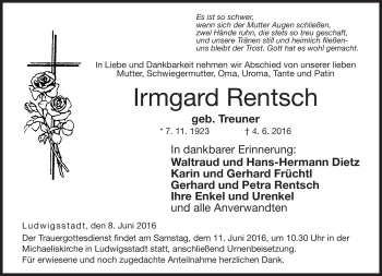 Traueranzeige von Irmgard Rentsch von Neue Presse Coburg