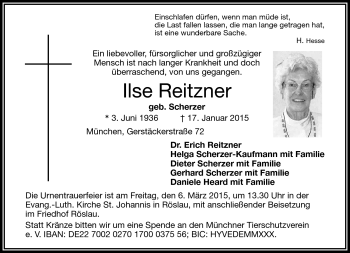 Traueranzeige von Ilse Reitzner von Frankenpost