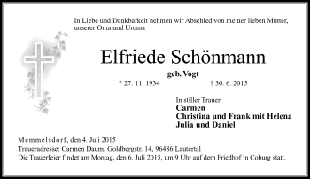 Traueranzeige von Elfriede Schönmann von Neue Presse Coburg