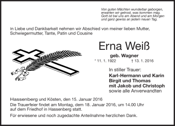 Traueranzeige von Erna Weiß von Neue Presse Coburg