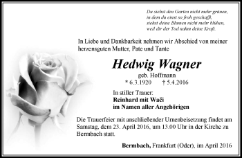 Traueranzeige von Hedwig Wagner von Südthüringer Presse