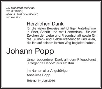 Traueranzeige von Johann Popp von Frankenpost