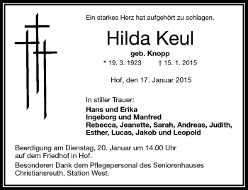 Traueranzeige von Hilda Keul von Frankenpost