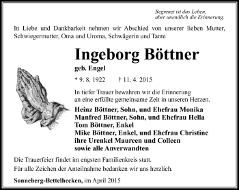 Traueranzeige von Ingeborg Böttner von Südthüringer Presse
