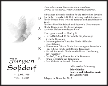 Traueranzeige von Jürgen Soßdorf von Südthüringer Presse