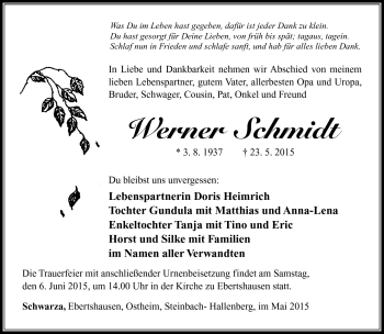 Traueranzeige von Werner Schmidt von Südthüringer Presse