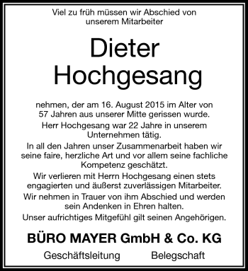 Traueranzeige von Dieter Hochgesang von Frankenpost
