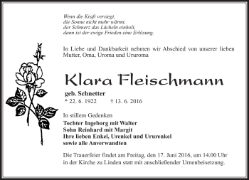 Traueranzeige von Klara Fleischmann von Südthüringer Presse