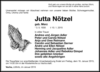 Traueranzeige von Jutta Nötzel von Südthüringer Presse