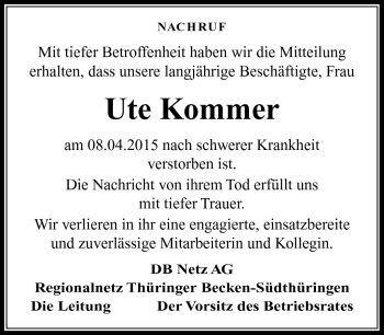 Traueranzeige von Ute Kommer von Südthüringer Presse