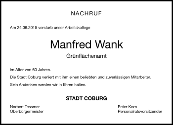 Traueranzeige von Manfred Wank von Neue Presse Coburg