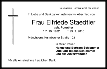 Traueranzeige von Elfriede Staedtler von Frankenpost