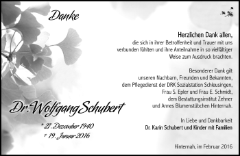 Traueranzeige von Wolfgang Schubert von Südthüringer Presse