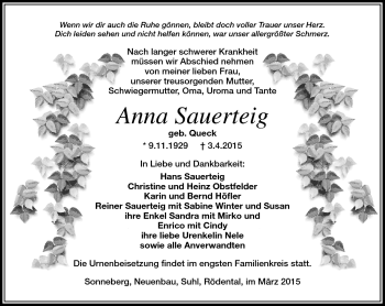 Traueranzeige von Anna Sauerteig von Südthüringer Presse