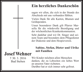 Traueranzeige von Josef Wehner von Frankenpost