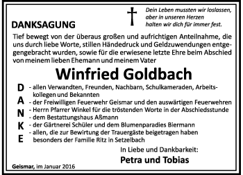 Traueranzeige von Winfried Goldbach von Südthüringer Presse