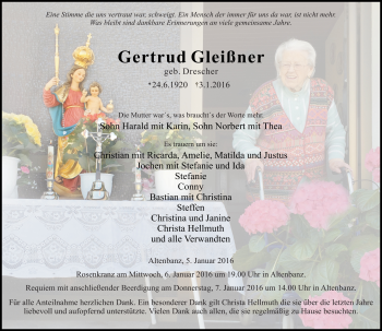 Traueranzeige von Gertrud Gleißner von Neue Presse Coburg