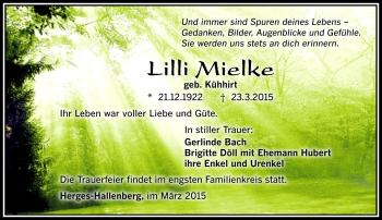 Traueranzeige von Lilli Mielke von Südthüringer Presse