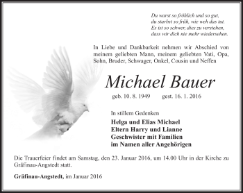 Traueranzeige von Michael Bauer von Südthüringer Presse