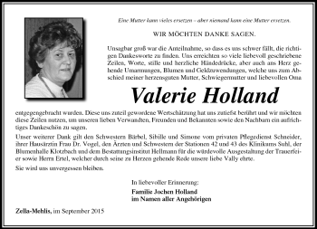 Traueranzeige von Valerie Holland von Südthüringer Presse