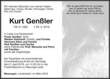 Traueranzeige von Kurt Genßler von Südthüringer Presse