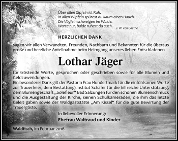 Traueranzeige von Lothar Jäger von Südthüringer Presse