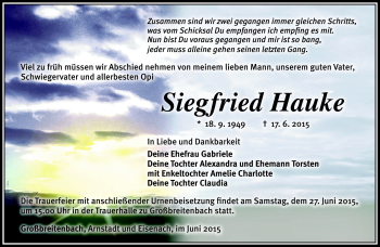 Traueranzeige von Siegfried Hauke von Südthüringer Presse