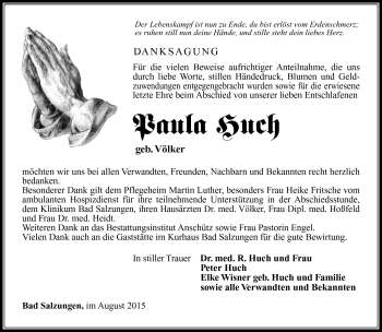 Traueranzeige von Paula Huch von Südthüringer Presse