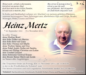 Traueranzeige von heinz Mertz von Südthüringer Presse