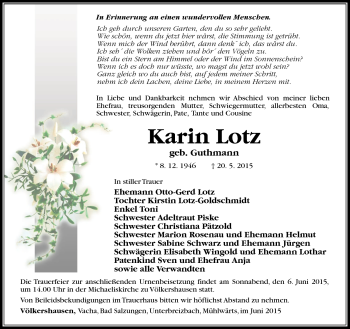 Traueranzeige von Karin Lotz von Südthüringer Presse