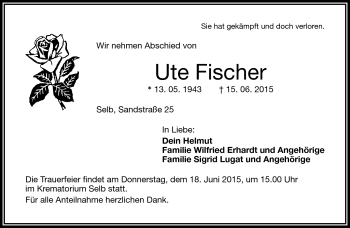Traueranzeige von Ute Fischer von Frankenpost