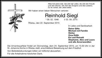 Traueranzeige von Reinhold Siegl von Frankenpost