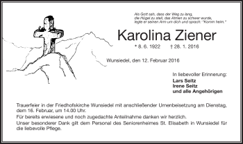 Traueranzeige von Karolina Ziener von Frankenpost