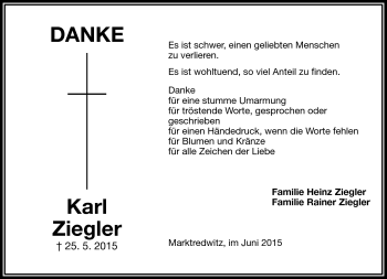 Traueranzeige von Karl Ziegler von Frankenpost