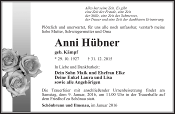 Traueranzeige von Anni Hübner von Südthüringer Presse