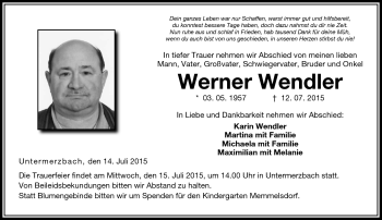 Traueranzeige von Werner Wendler von Neue Presse Coburg