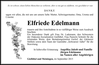Traueranzeige von Elfriede Edelmann von Südthüringer Presse