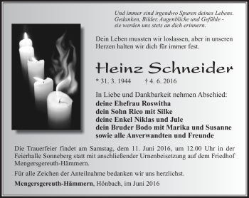 Traueranzeige von Heinz Schneider von Südthüringer Presse