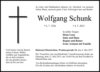 Traueranzeige von Wolfgang Schunk von Neue Presse Coburg