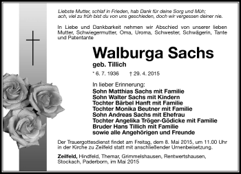Traueranzeige von Walburga Sachs von Südthüringer Presse