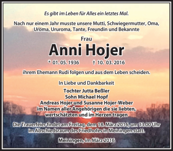 Traueranzeige von Anni Hojer von Südthüringer Presse